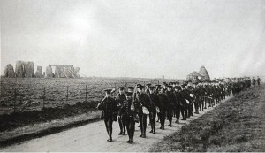 Canadian soldiers marching past Stonehenge