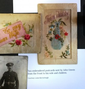 Embroidered postcards with John Unwin photo